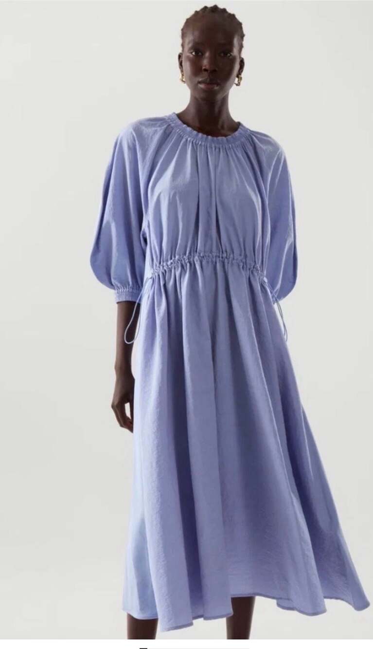 COS Light Blue Volume-Sleeve Midi Dress size L elastic pull waist perfect cond.